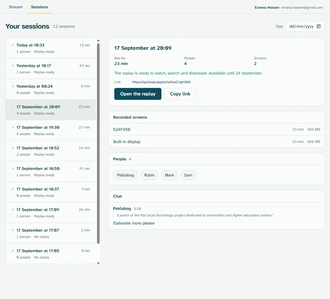 Your sessions in the Quisnap app: when each ran, the people who came, the chat, and the replay link