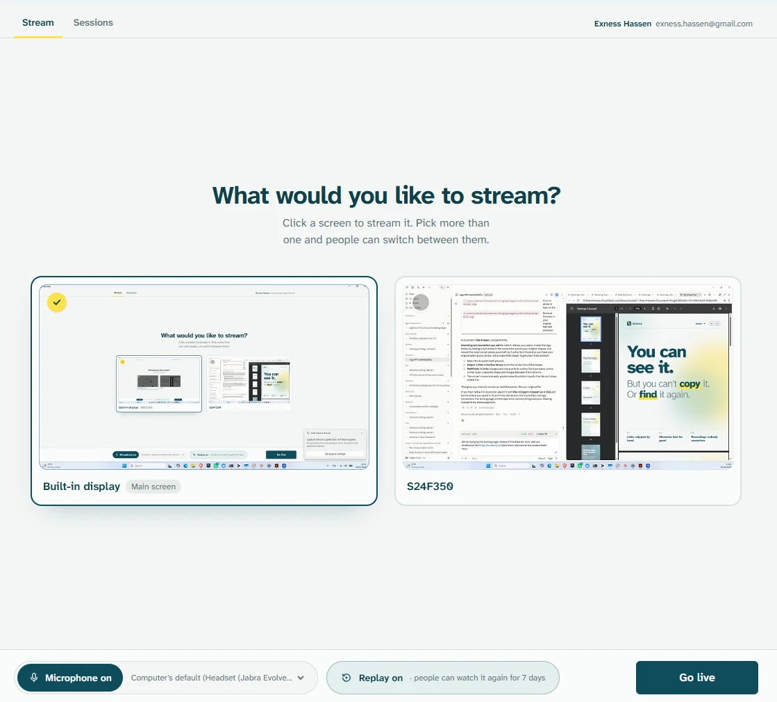 Choosing what to stream in Quisnap: click a screen, then Go live